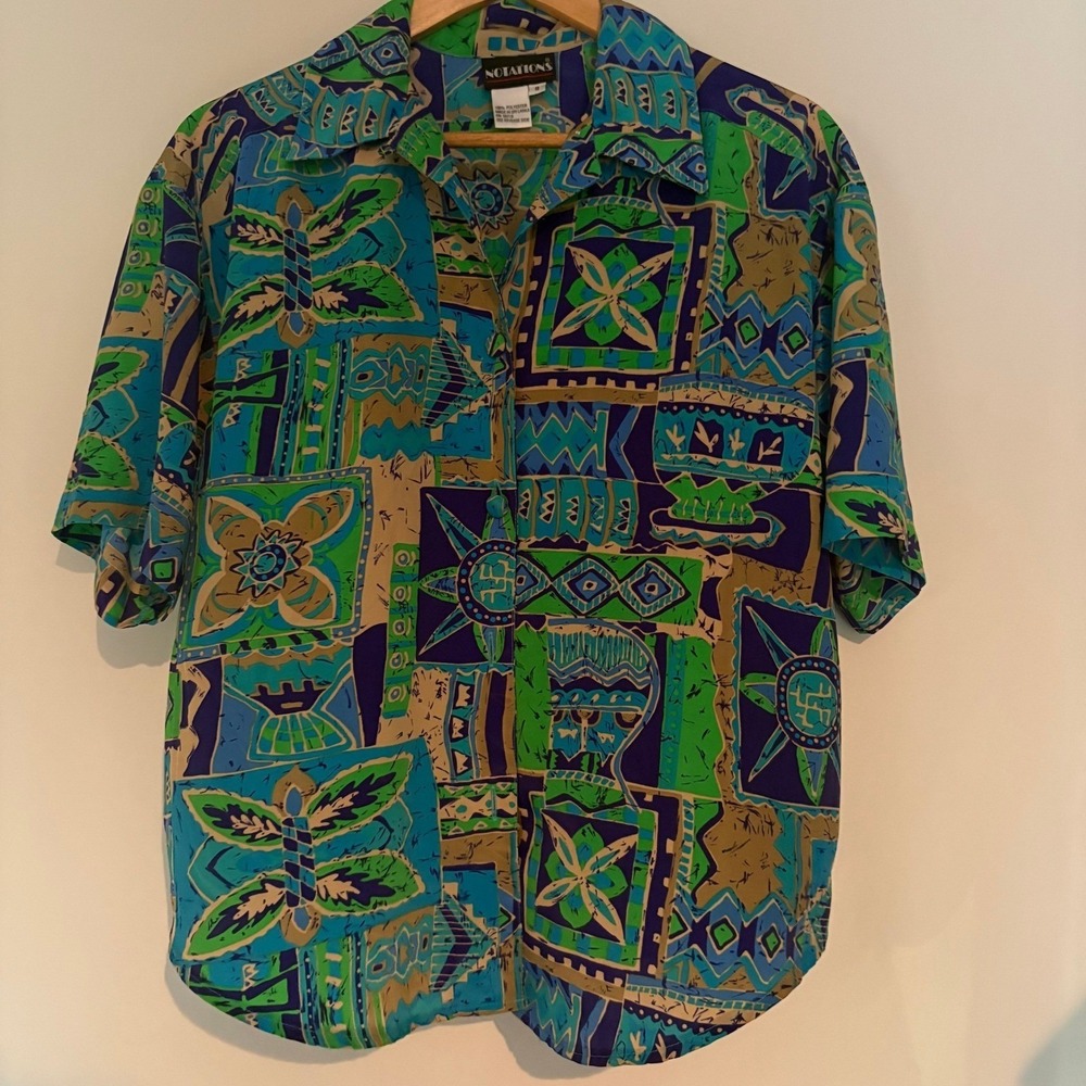 Notations Vintage Abstract Geometric Print Button Down Shirt Blue Green Size 8